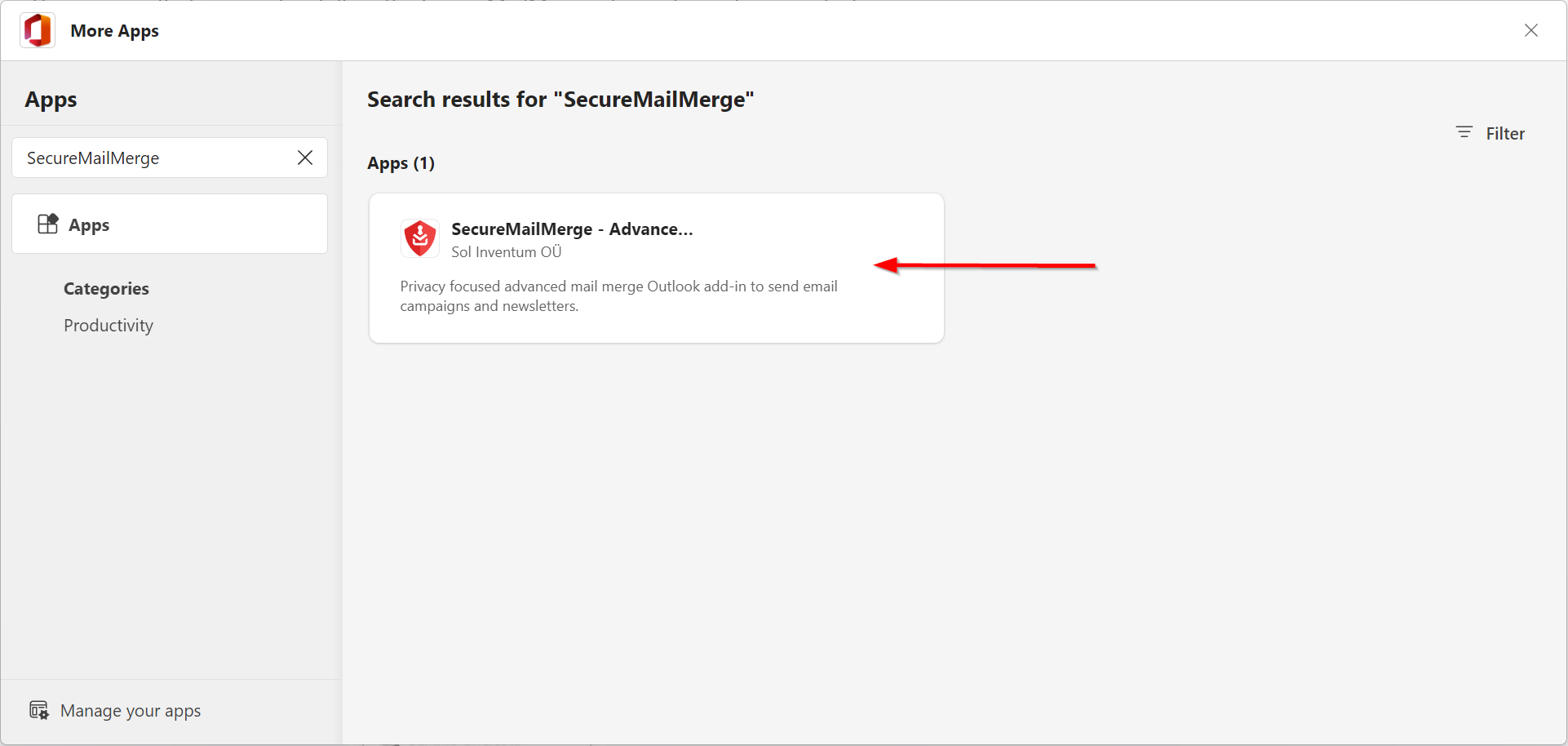 Captura de pantalla del resultado de búsqueda de SecureMailMerge en AppSource