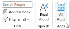 El menú de aplicaciones en Outlook