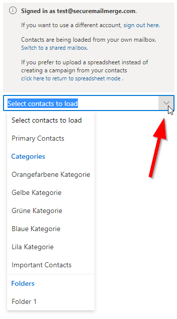 Seleccionar tipo de contactos en SecureMailMerge