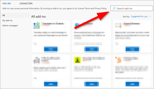 Captura de pantalla de la barra de búsqueda de Office Add-In Store