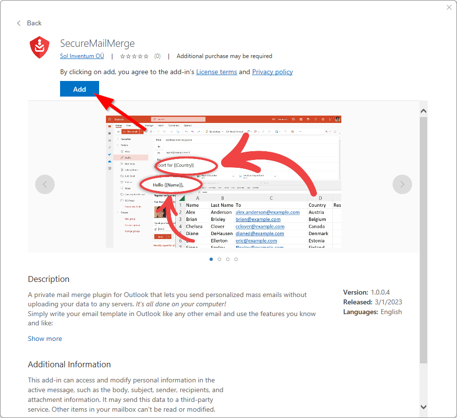 Captura de pantalla de la página del producto SecureMailMerge de Office Add-In