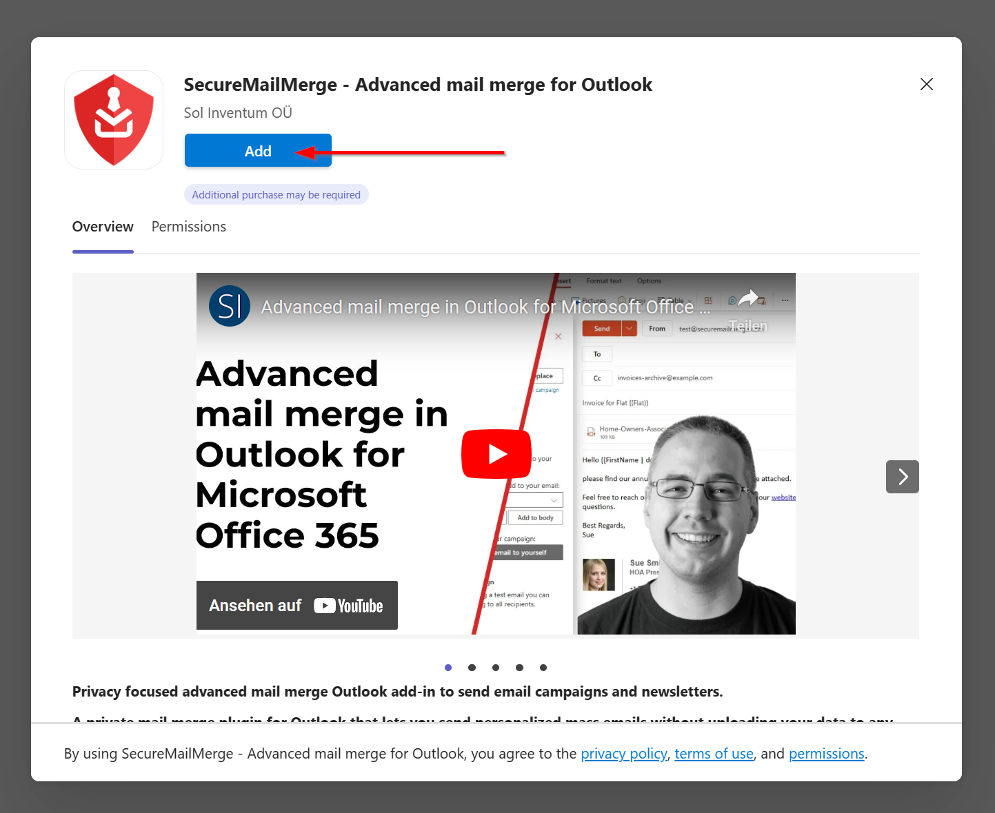 Captura de pantalla del cuadro de aplicación de SecureMailMerge en AppSource