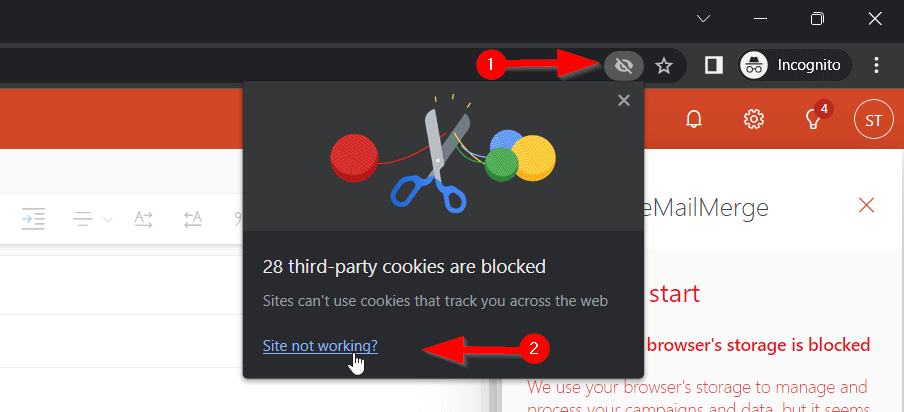 Captura de pantalla de la activación de cookies de terceros en Chrome