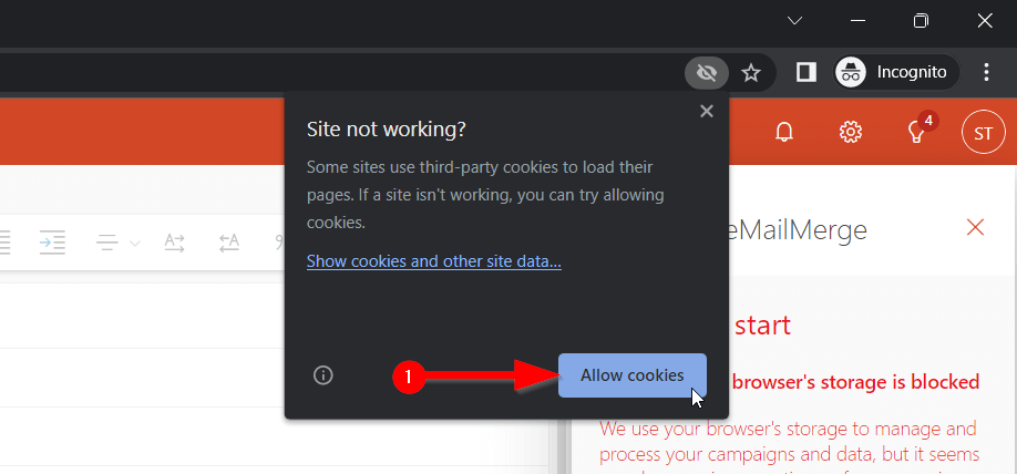 Captura de pantalla de la activación de cookies de terceros en Chrome