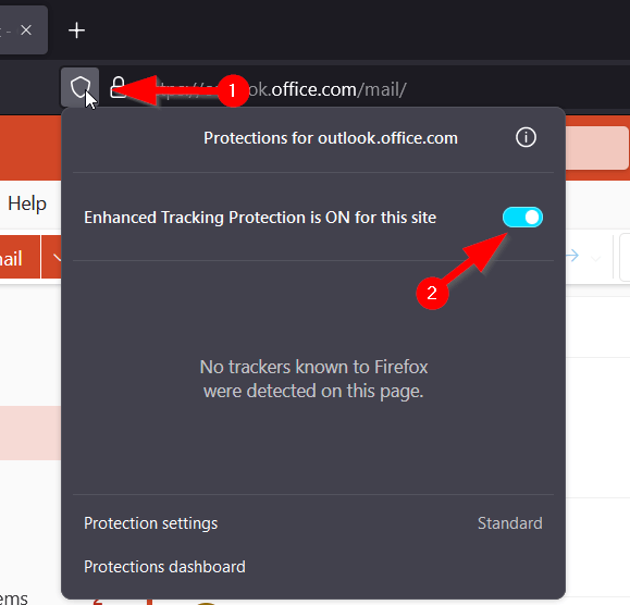 Captura de pantalla de desactivar la protección mejorada contra el seguimiento en Firefox